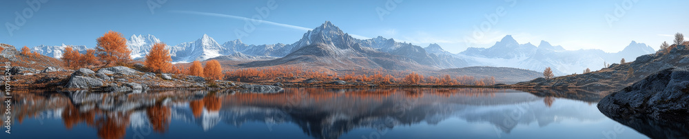 Fototapeta premium stunning panoramic landscape of mountain range with vibrant autumn foliage reflecting in serene lake. scene captures beauty of nature in tranquil setting