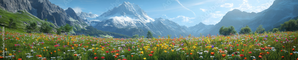Fototapeta premium panoramic landscape of vibrant mountain meadow filled with colorful wildflowers, surrounded by majestic mountains and clear blue sky. scene evokes sense of tranquility and natural beauty