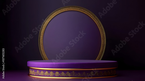 3d Mock up Royal purple podium with gold trim and royal insignia Pedestal stage for premium product presentation Regal scene for advertising Sale promotion background photo