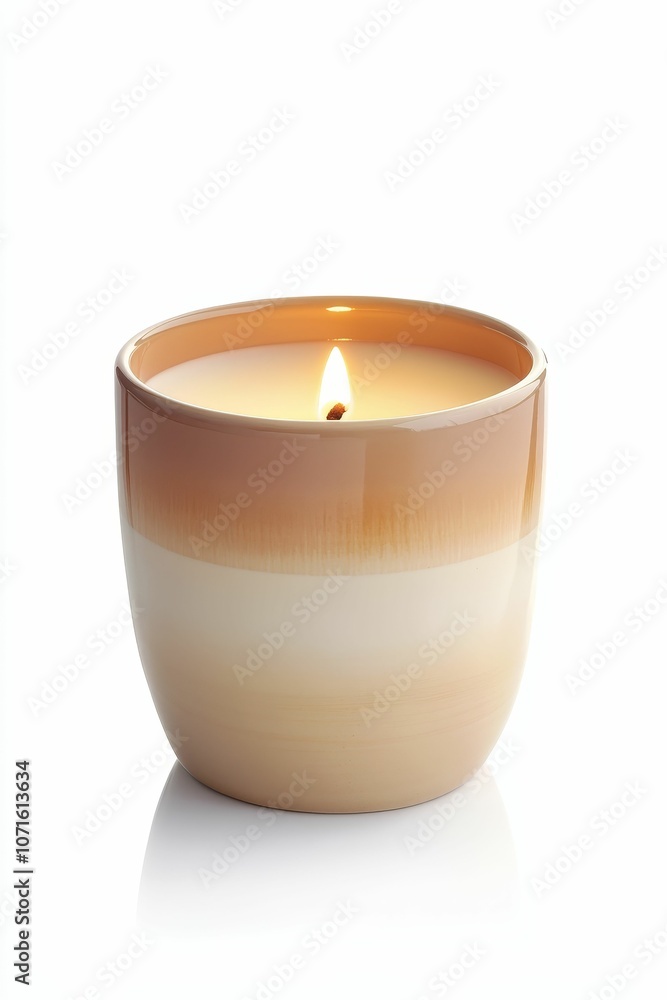 A lit candle in a brown bowl. A lit candle in a brown bowl.