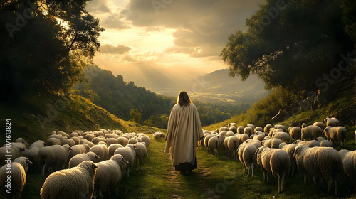 Shepherd Leading Flock of S...