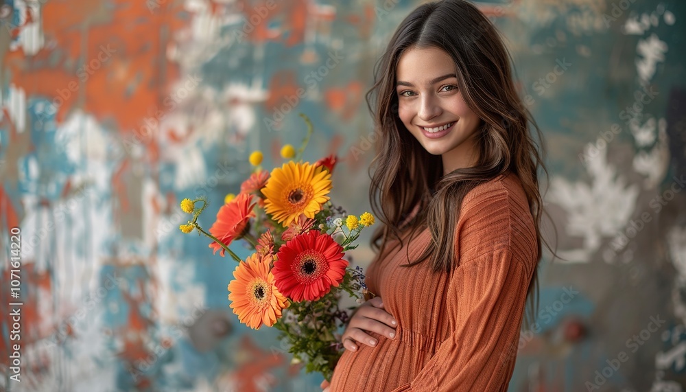 Naklejka premium Vertical photo collage of happy pregnant girl belly receive flowers gerbera congratulations mother day