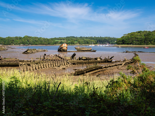 Abandoned shipwrecks on a muddy riverbank with lush greenery and a clear blue sky. Lanester-Kerhervy, Brittany photo