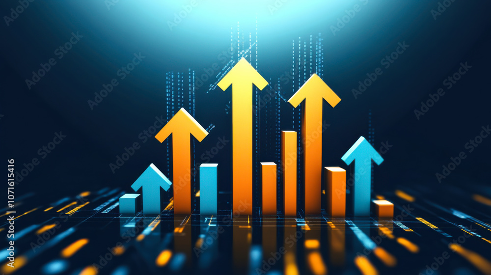 Colorful upward arrows representing growth and progress against a dark digital background illuminated by an orange light Colorful upward arrows representing growth and progress against a dark digital background illuminated by an orange light