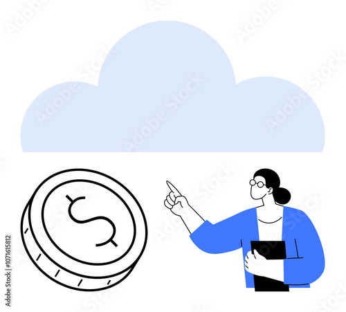 Businesswoman pointing at cloud with dollar coin, holding a folder under her arm. Ideal for finance, cloud computing, investment strategies, digital transformation, technology, business planning