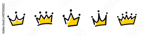 Set collection of doodle, hand drawn golden crowns. Crown icons vector ilustration