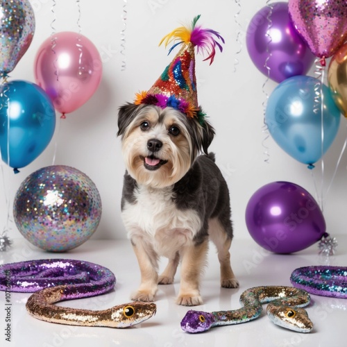 Dog with Colorful Balloons