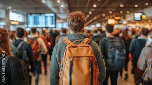 The Journey Begins: A lone traveler, backpack in tow, amidst a bustling airport crowd, with flight information displayed above, ready to embark on a new adventure.   photo