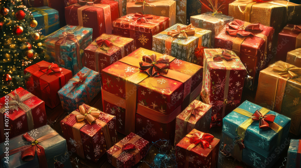 Obraz premium Vibrant assortment of beautifully wrapped Christmas gifts piled together during the festive holiday season