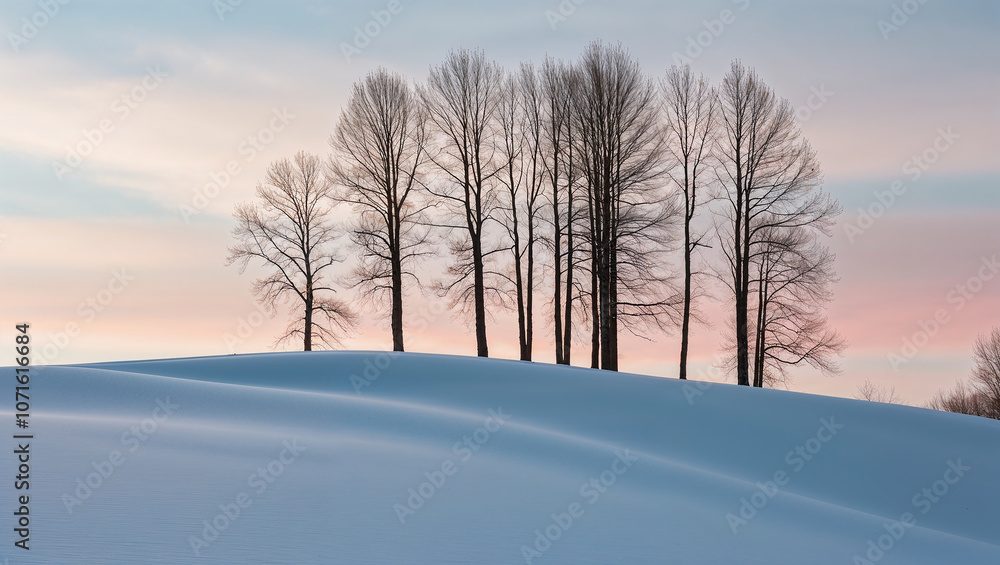 Obraz premium Serene snow-covered hill with barren trees at dawn's light