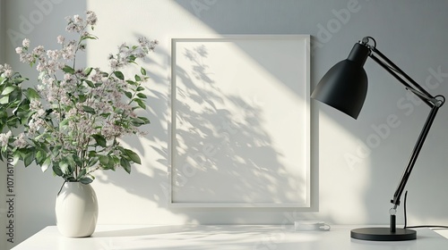 Empty white poster frame mockup designed for creative projects, placed on a white table complemented by a reading lamp and flowers in a modern office interior, 3D rendering. photo