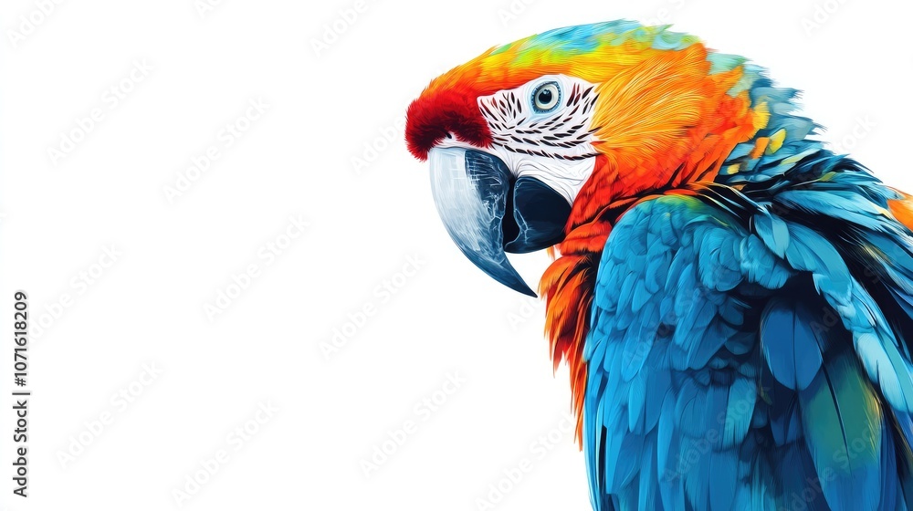 Obraz premium Dark blue pop art painting of a tropical parrot against a blank white background, emphasizing its vibrant colors and details. Ideal for tropical-themed designs with ample copy space.