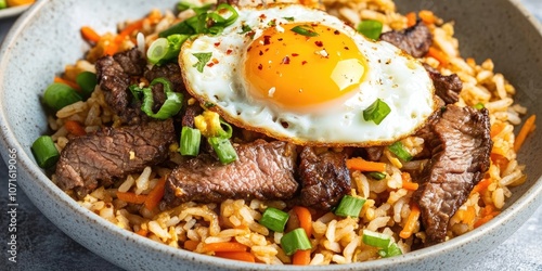 Wallpaper Mural Korean beef fried rice topped with a fried egg is a delicious dish featuring seasoned beef, flavorful rice, and a perfectly cooked egg on top for added richness. Torontodigital.ca