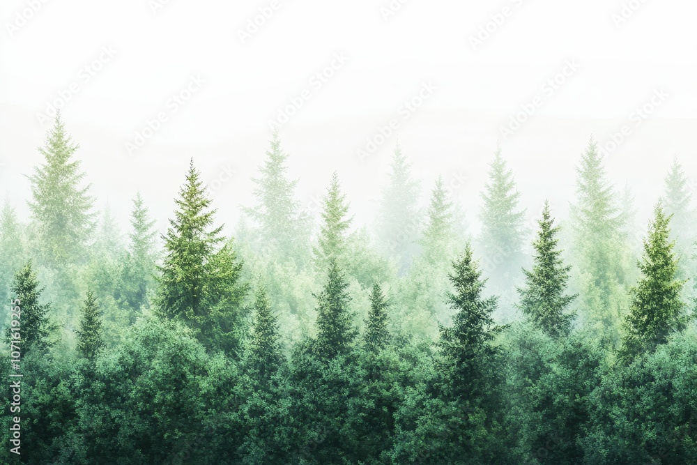 Obraz premium Misty forest with tall green trees.