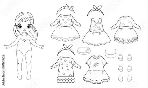 Paper doll clothes baby. Paper doll outline. Coloring page, Coloring book. Cute girl with clothes. Vector illustration isolated on white background. Dress up, cutouts, cut out. Fashion girl. Toy, game