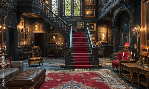 Elegant, darkly lit interior with grand staircase and art. photo