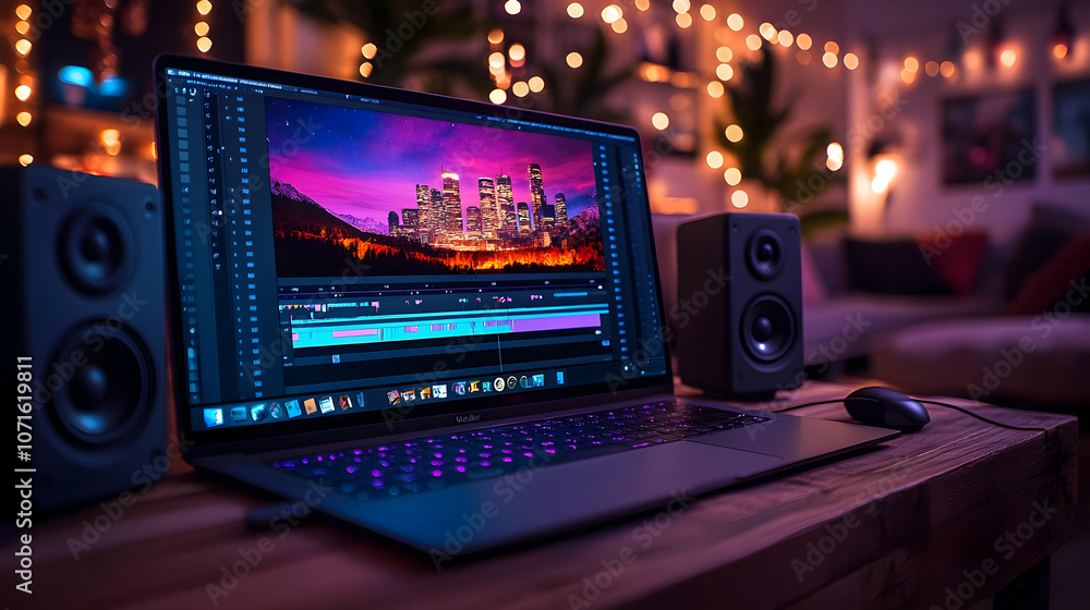 Laptop with Speakers, Cityscape on Screen, Close-Up Photo