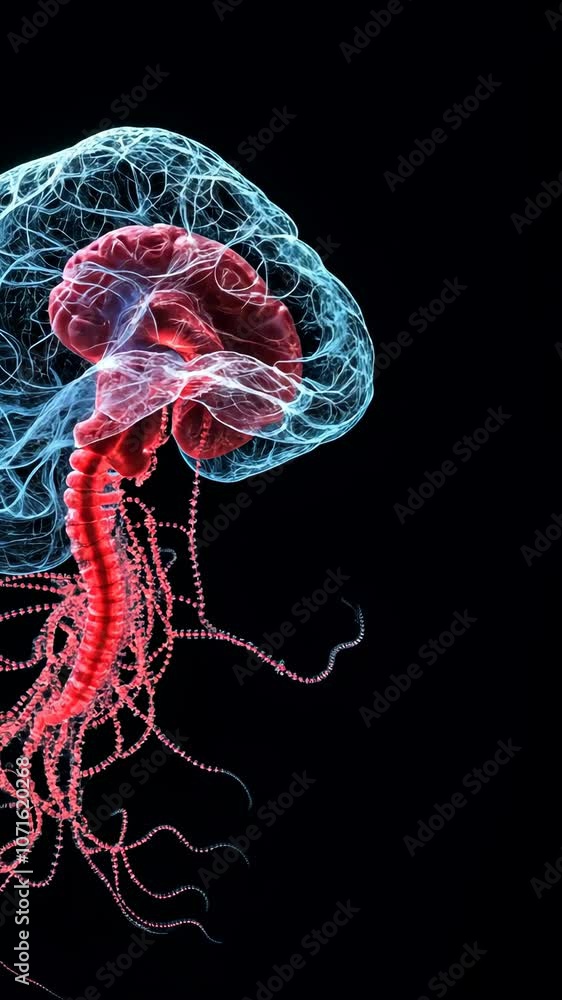 A detailed digital illustration shows a red brain and spinal cord ...