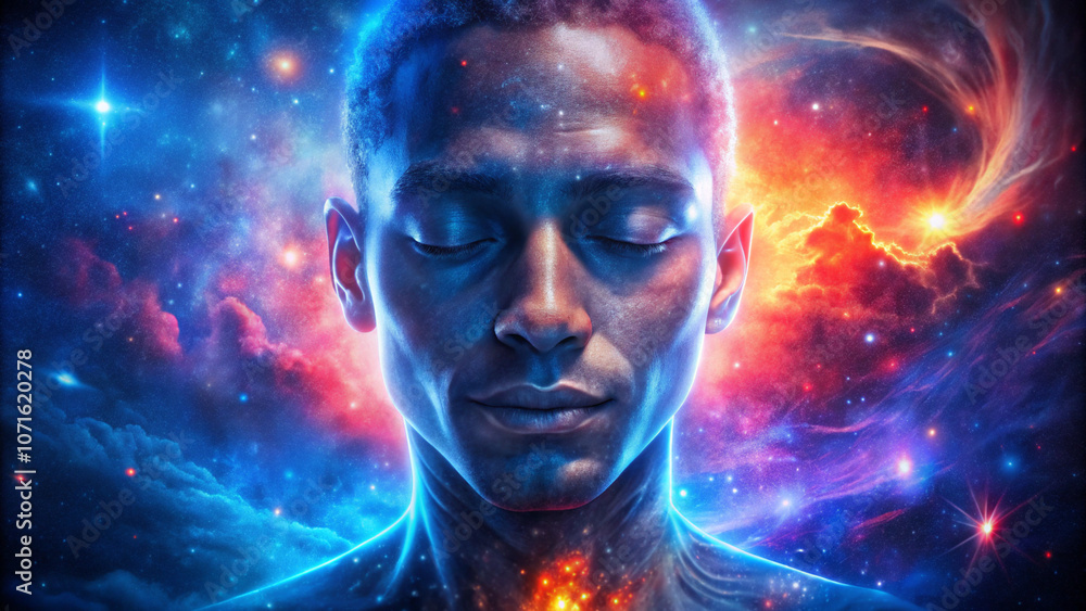 Obraz premium man in the space. space, light, fantasy, abstract, universe, concept, stars, science, illustration, galaxy, vision, dream, fire, human, star, woman, god, art, brain, earth, black, imagination, energy,