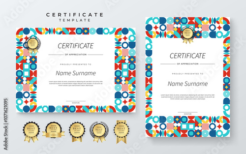 Colorful Geometric Shape Certificate Design Template With Award Badges. Comes with award badges for a professional presentation of accomplishment and recognition