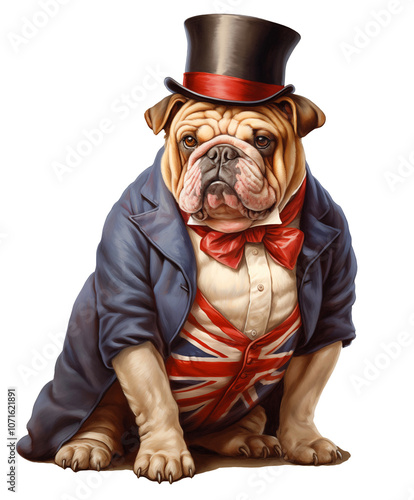 Vintage British John Bulldog dressed in a top hat and union jack suit symbolizing UK patriotism and nationalism, transparant PNG