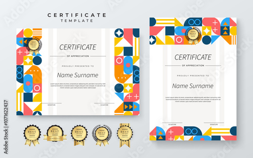 Colorful Geometric Shape Certificate Template For Appreciation and Achievement. Features geometric shapes and award icons, perfect for professional or educational achievements