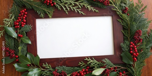 A rustic wooden frame surrounded by lush evergreen branches adorned with vibrant red berries, creating a festive backdrop for a heartwarming message or cherished memory.