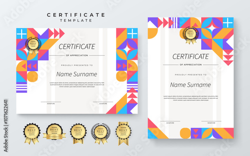 Modern Geometric Certificate Template With Award Badges. Professional certificate template featuring modern geometric design with abstract shapes