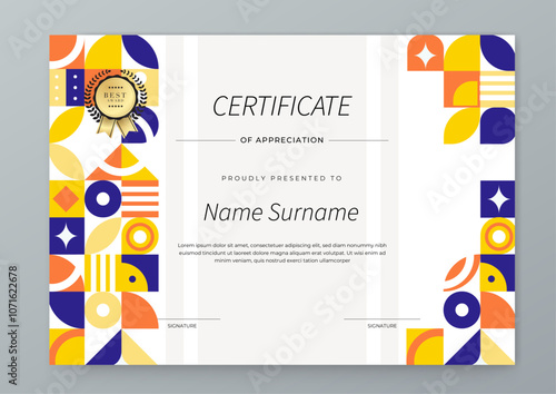 Modern Geometric Certificate Template With Award Badges. Professional certificate template featuring modern geometric design with abstract shapes