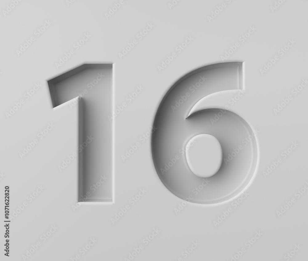 Sleek White Number 16 Sixteen With A Subtle Shadow Embossed Into Grey Background 3D Illustration Sleek White Number 16 Sixteen With A Subtle Shadow Embossed Into Grey Background 3D Illustration