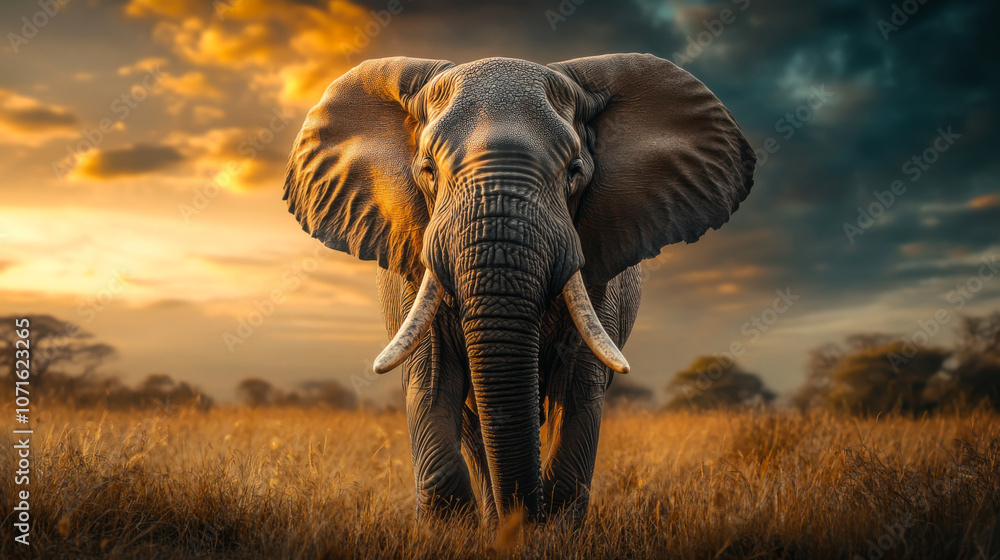 Fototapeta premium Majestic elephant walking through golden grasslands at sunset in the African savanna