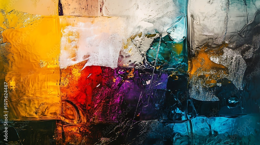 Abstract textured colorful painting with vibrant hues of yellow, red, blue, and purple. Abstract textured colorful painting with vibrant hues of yellow, red, blue, and purple.