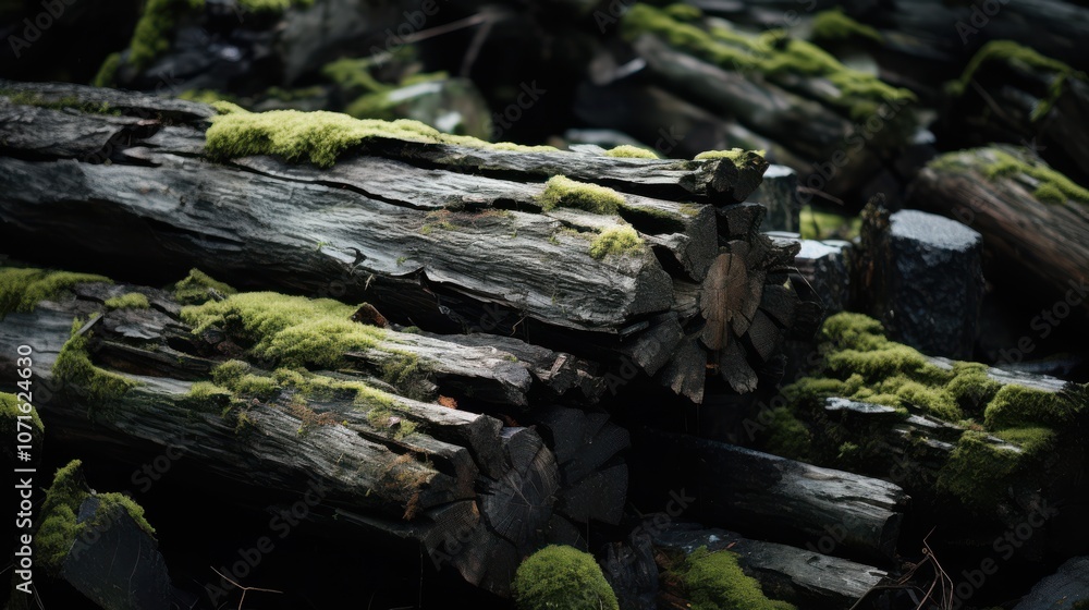A pile of dark, aged logs adorned with vivid green moss, presenting a rustic and textured scenery in a forest setting. A pile of dark, aged logs adorned with vivid green moss, presenting a rustic and textured scenery in a forest setting.