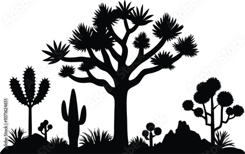 Joshua tree, black silhouette vector of joshua tree, cacti, agaves, and prickly pear