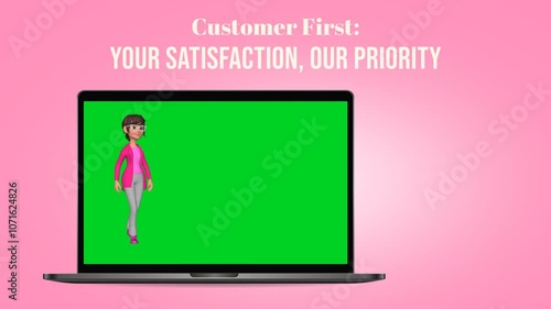 3D Woman Character cartoon Animation in Green screen Laptop For Promo Product photo