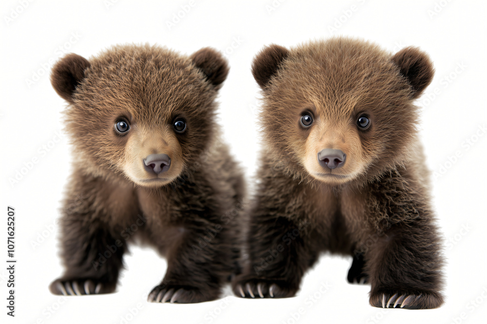 A brown bear cub and two bears sitting together on a white background , ferret, and other wildlife creatures, isolated and cut out for a nature-themed image A brown bear cub and two bears sitting together on a white background , ferret, and other wildlife creatures, isolated and cut out for a nature-themed image