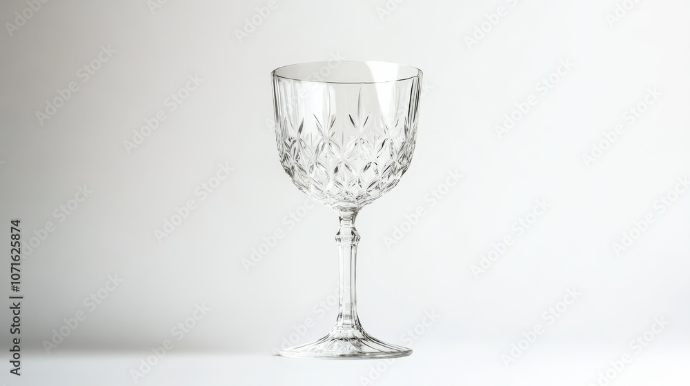 Obraz premium A single, clear wine glass with intricate diamond-cut patterns stands tall against a clean, minimalist backdrop.