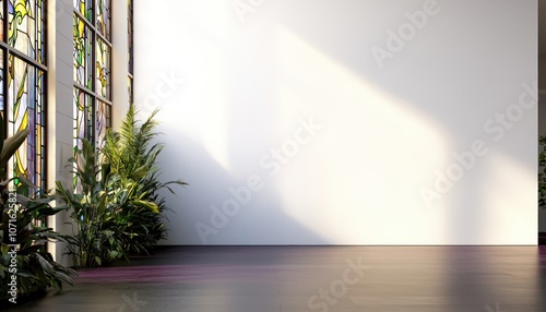 Elegant room with stained glass and plum floor, well-lit by daylight.