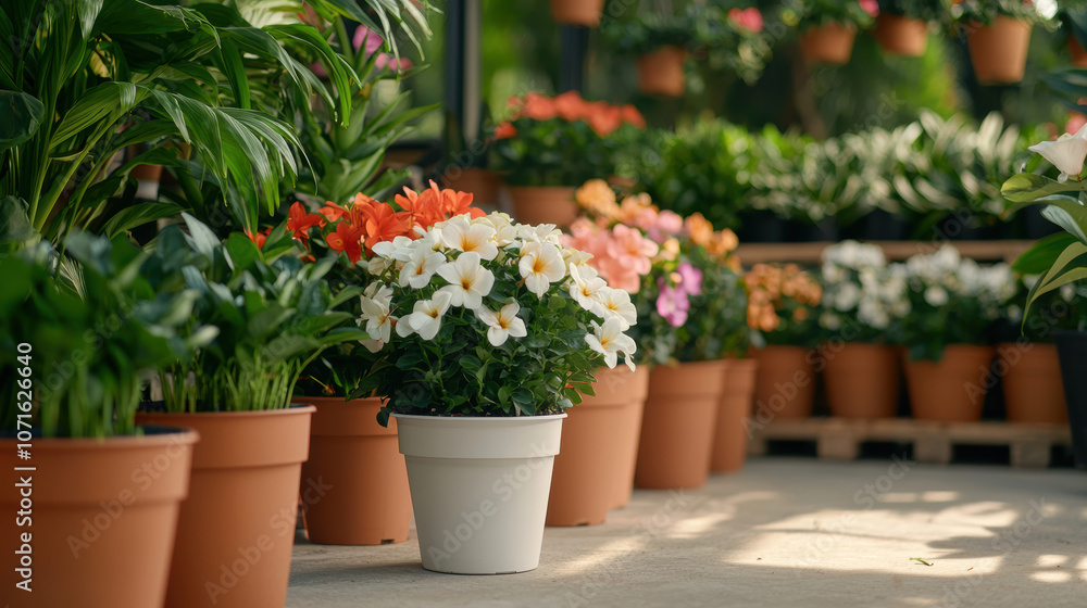 custom made wallpaper toronto digitalA vibrant display of colorful flowers in pots, showcasing a variety of plants arranged harmoniously in a garden setting.