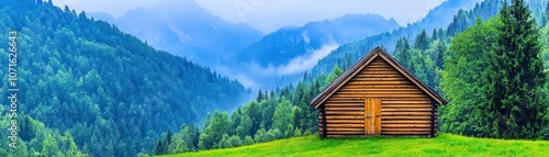 Rustic cabin, rough wood textures, misty forest backdrop