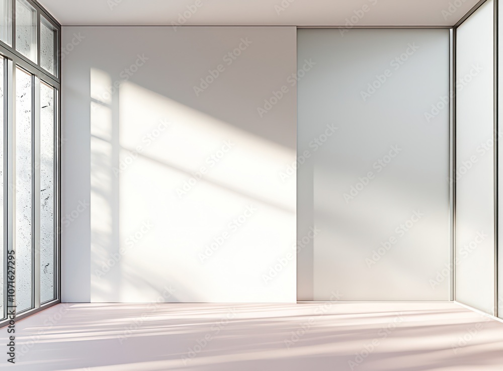 Fototapeta premium Modern minimalist space with dove white walls and pastel pink flooring.