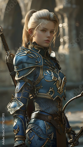 A fantasy game character portrait, a beautiful female knight in blue and silver armor with blonde hair holding a bow and arrow, standing outside castle walls, Generative AI photo