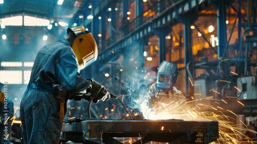 Against a backdrop of welding equipment and safety gear a group of welders work diligently to assemble a massive metal structure. Against a backdrop of welding equipment and safety gear a group of welders work diligently to assemble a massive metal structure.