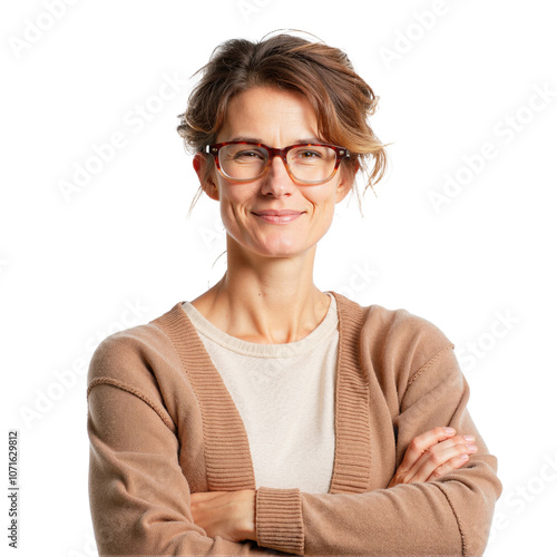 Smiling middle-aged woman with glasses in beige sweater on transparent background photo