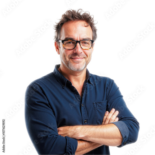 Smiling middle-aged man with glasses in dark shirt on transparent background