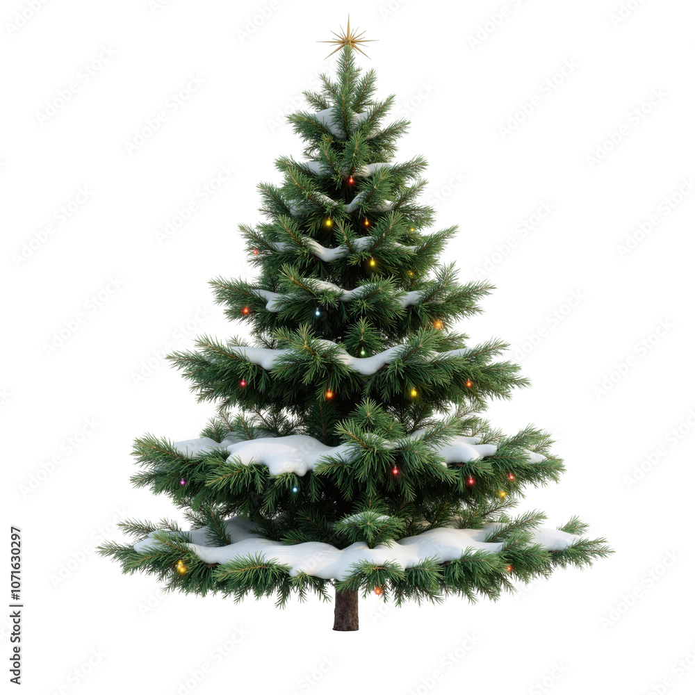 Fototapeta premium Christmas tree with snow and colorful lights on transparent background
