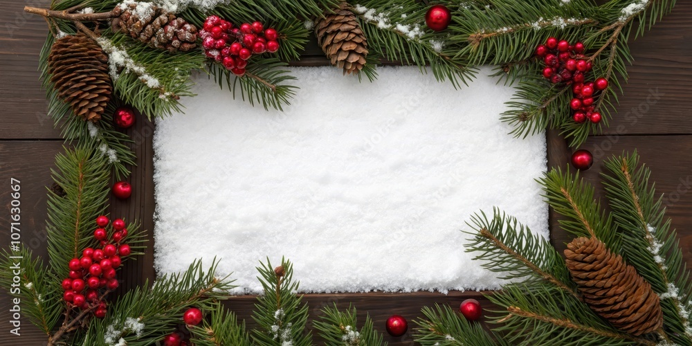 Fototapeta premium A snowy Christmas frame featuring evergreen branches adorned with red berries and pine cones, perfect for holiday greetings.
