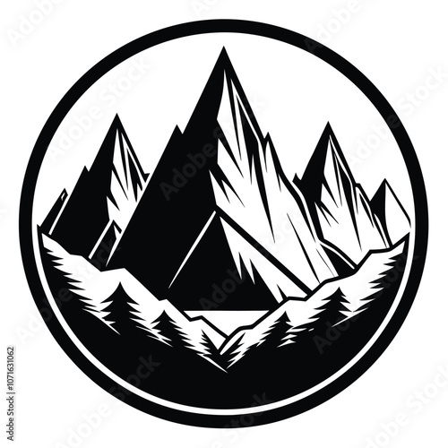 Mountain silhouette, vector icon. Rocky peaks. Mountains ranges. Black and white mountain vector icon