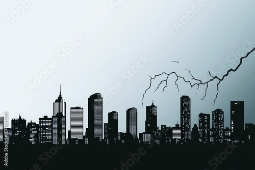 Silhouette of a city with lightning.