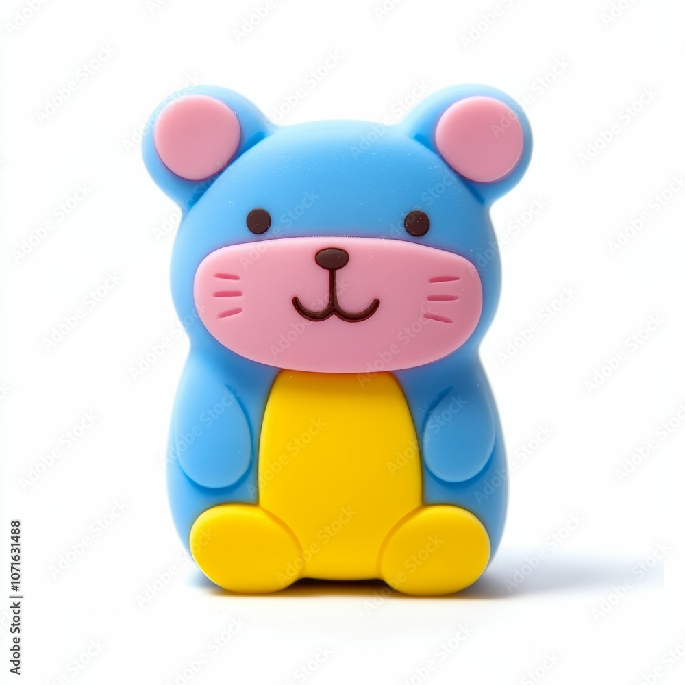 Naklejka premium Blue and yellow toy bear with pink ears.